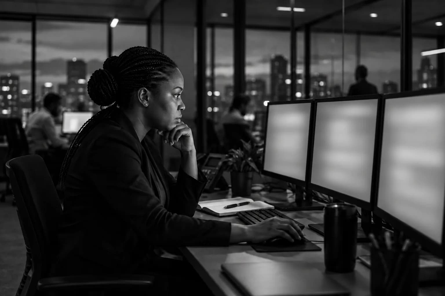 A security analyst reviewing activity on several monitors.