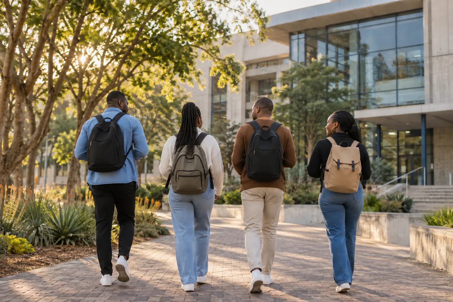 Adult students walking towards a college building.