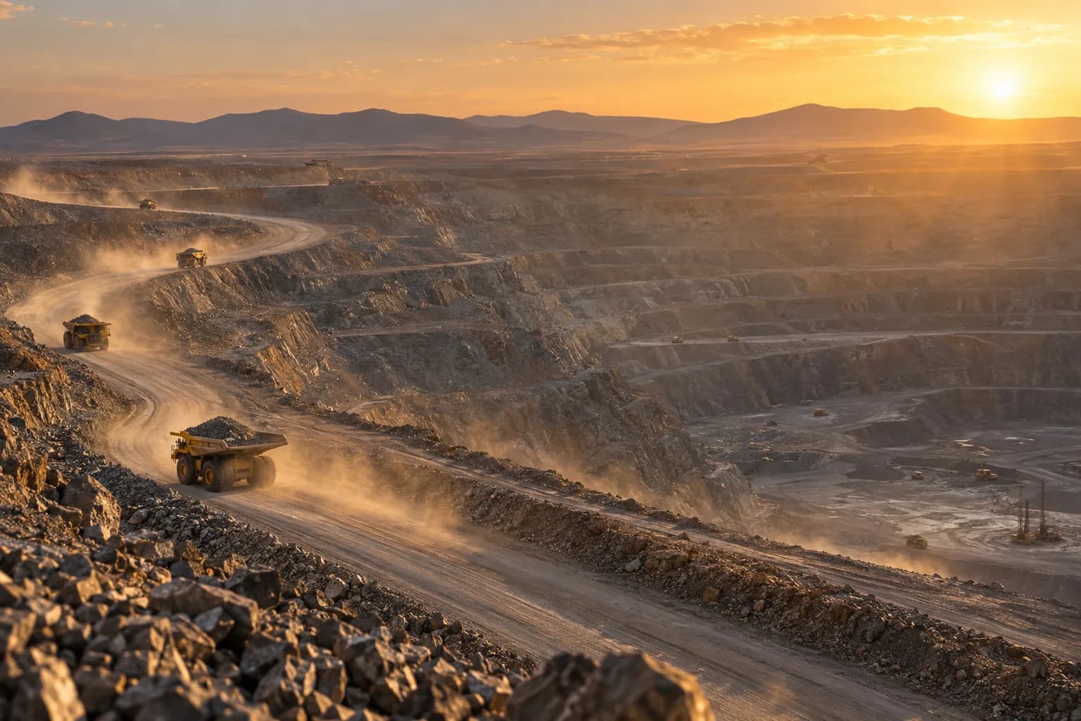 Haul trucks on a road through an open-pit mine.