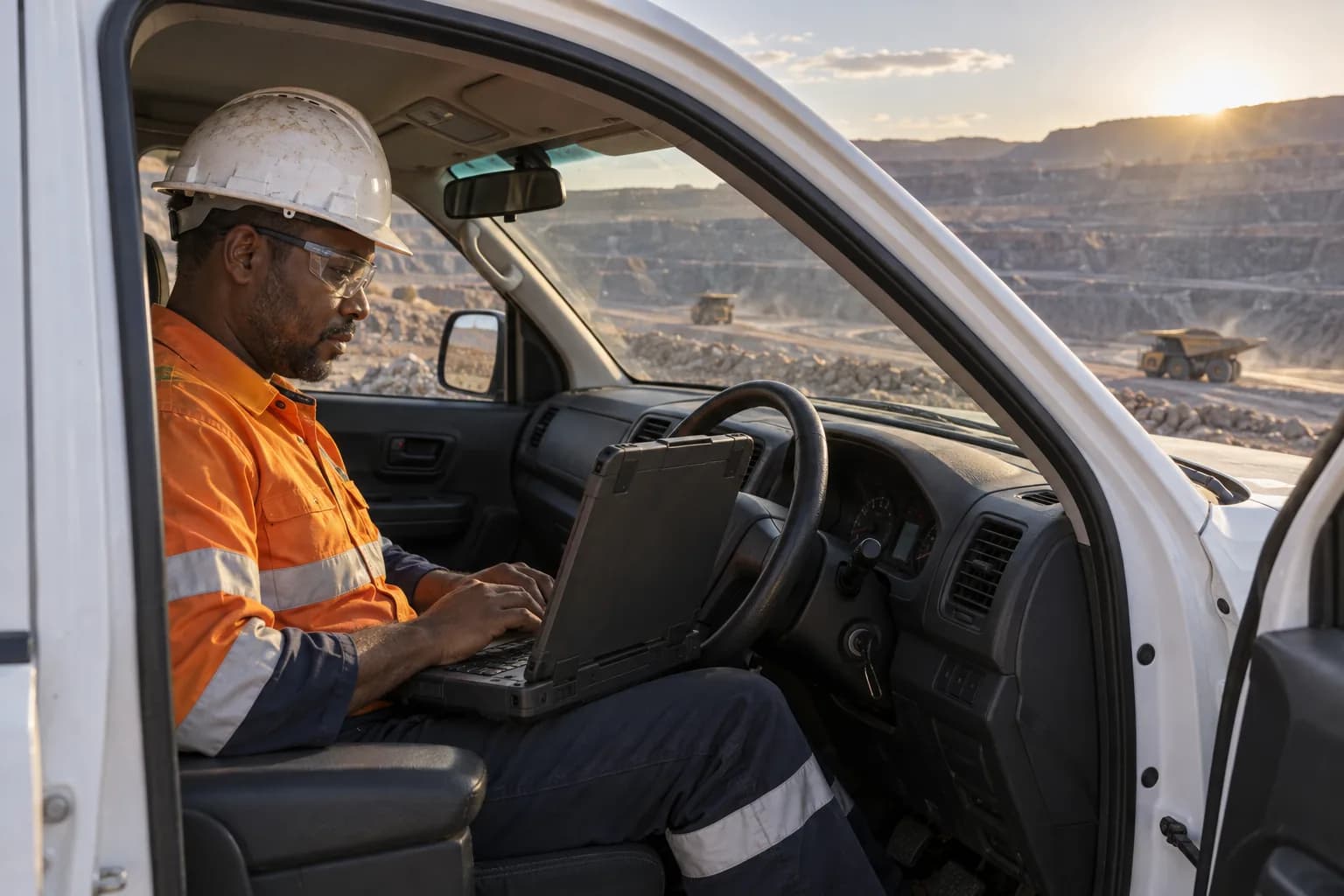 A site worker using a laptop in a vehicle at an open-pit mine.