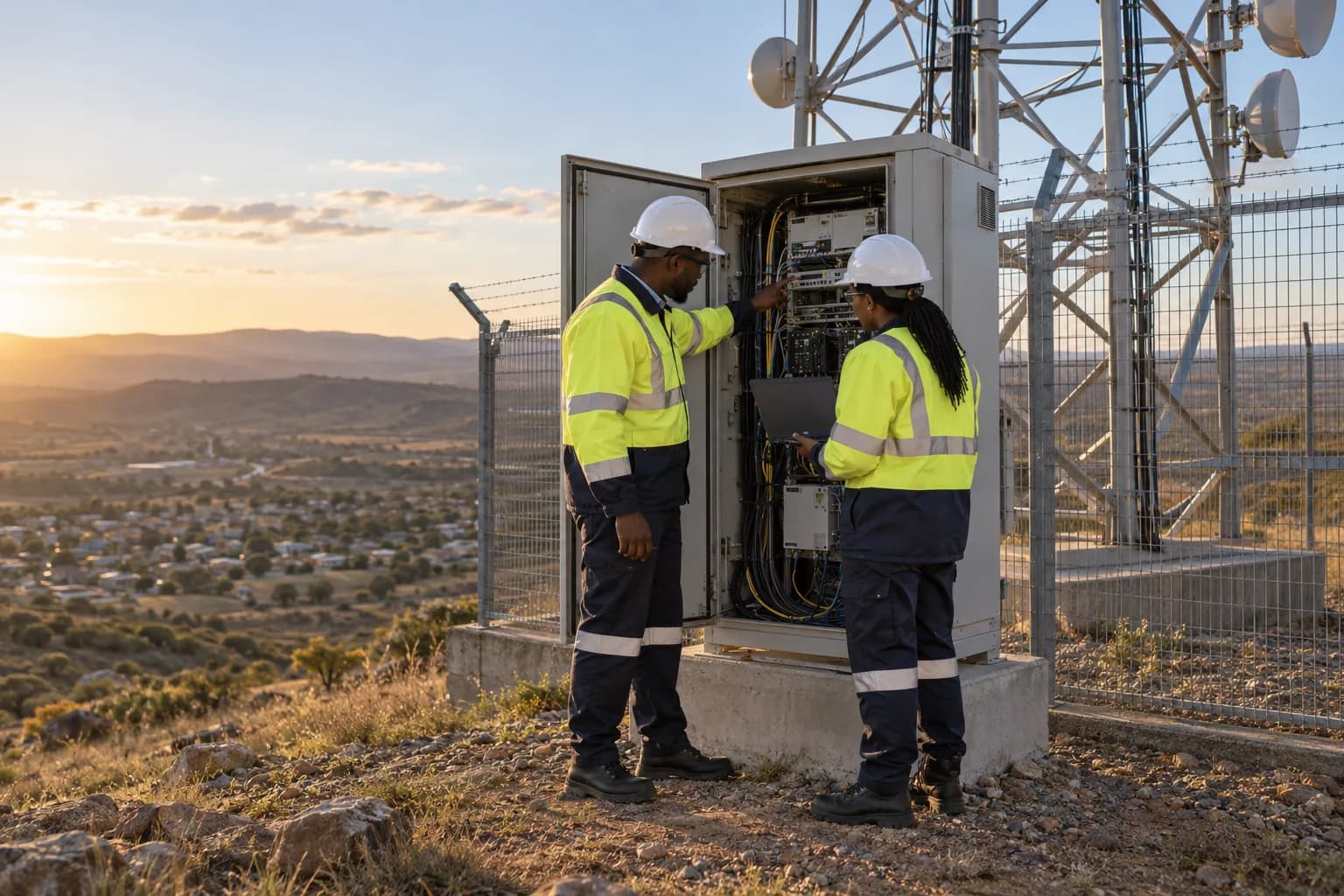Two engineers checking equipment at the base of a telecoms mast.