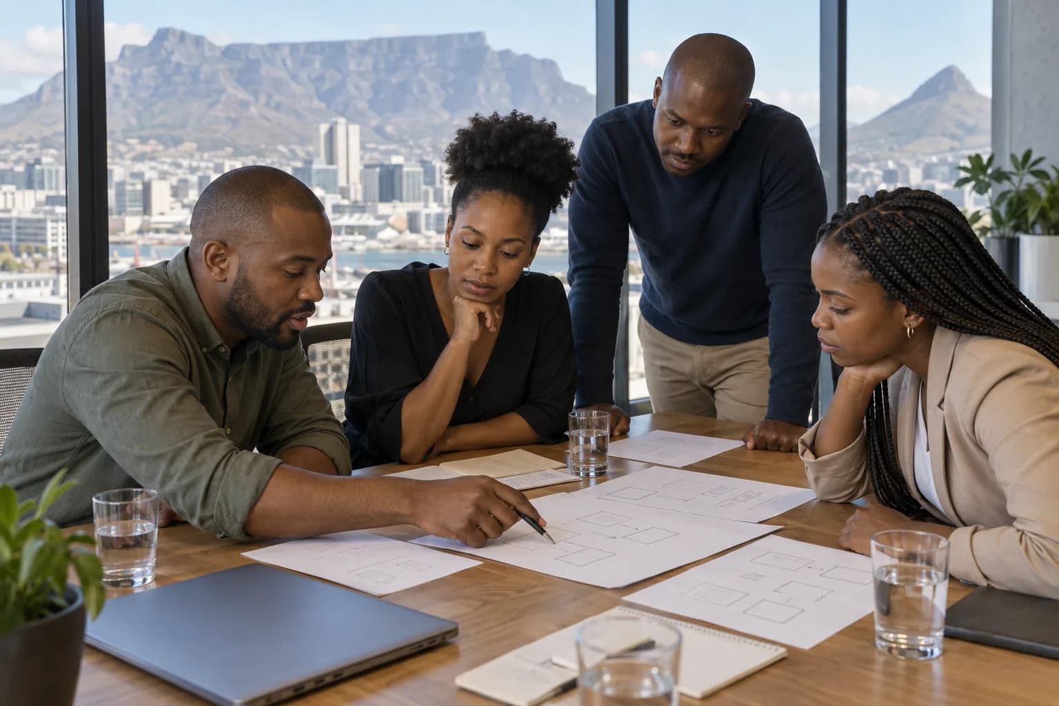 Four colleagues planning work around a table.