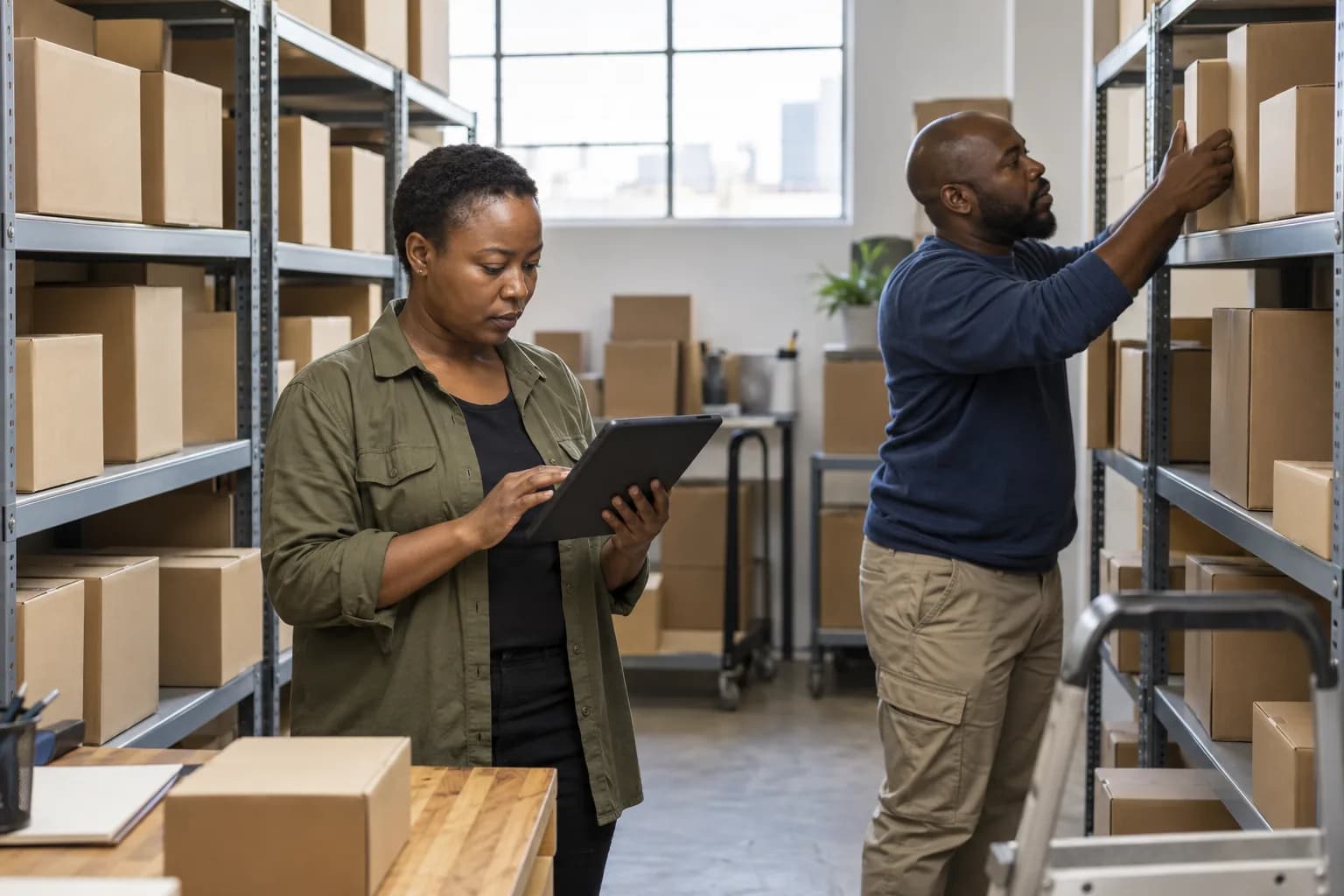 Two colleagues checking stock on shelves with a tablet.