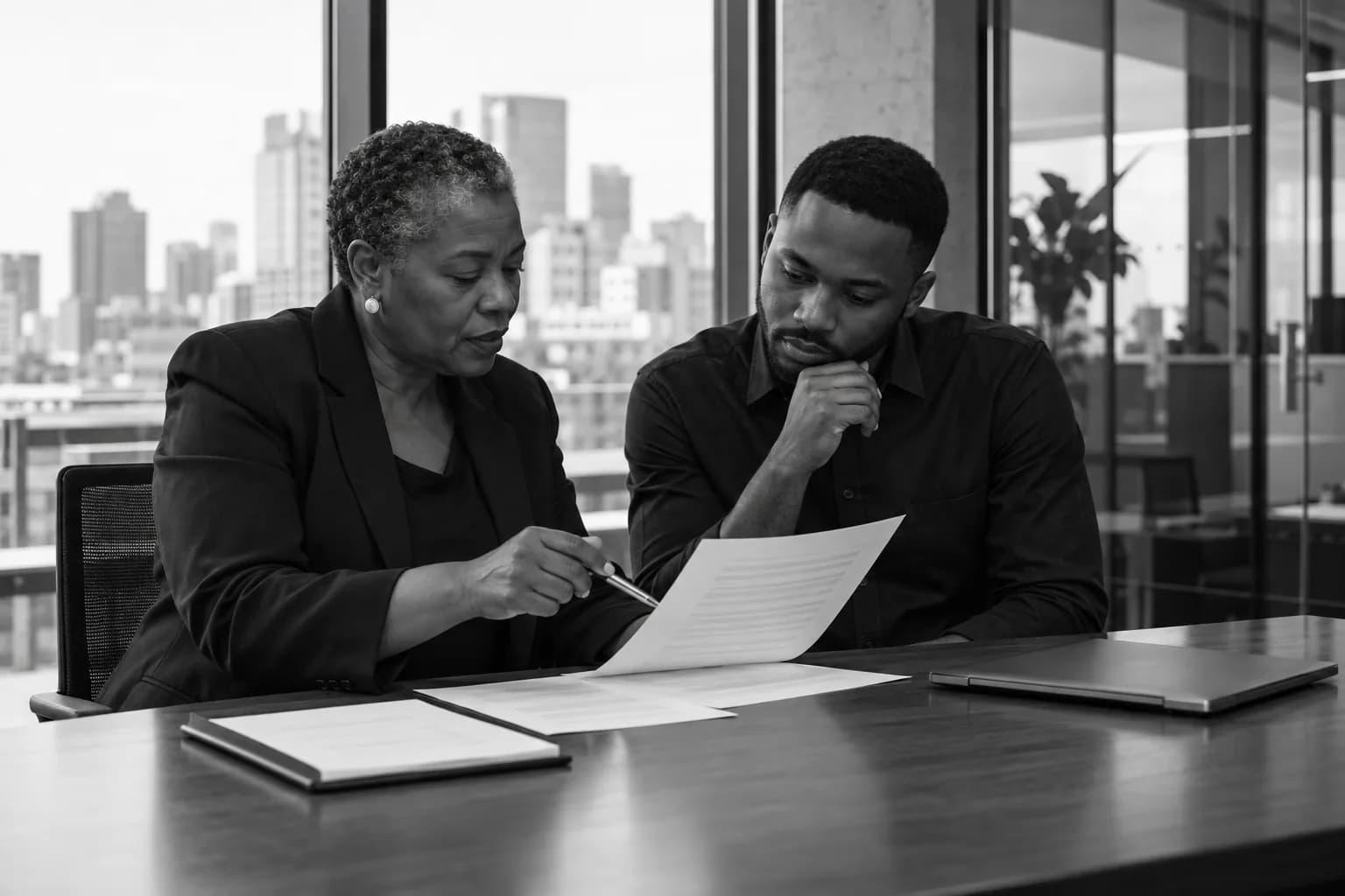 Two colleagues reviewing a report at a meeting table.