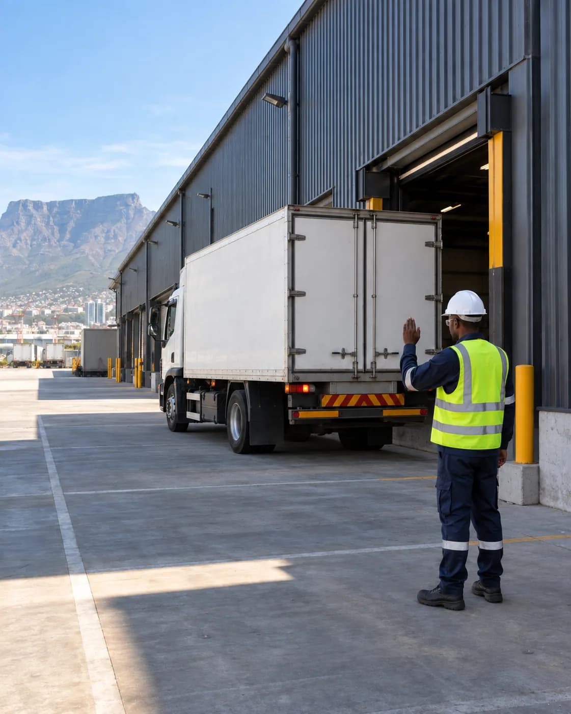 A truck reversing into a loading bay at a distribution centre.
