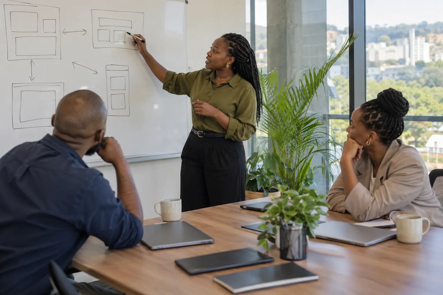 A team planning a product at a whiteboard.